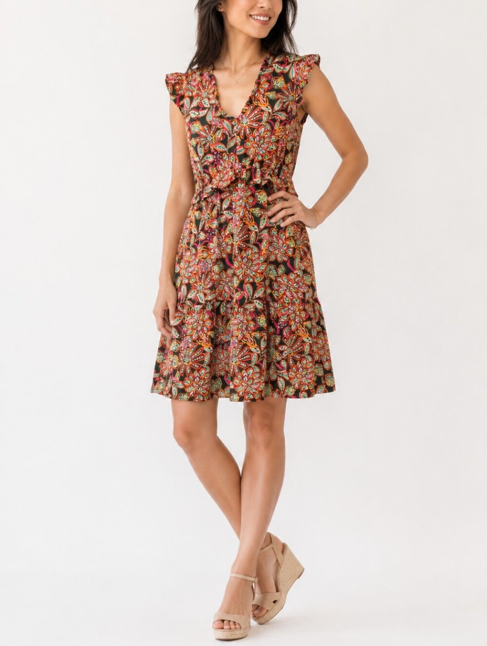 NWOT J.Crew Floral Ruffle V-Neck Flowy Dress Green Pink Pockets Size 10